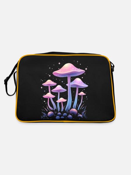 Magische Pilze Design - Mystischer Wald - Retro Tasche - Schwarz/Gold - Hinten