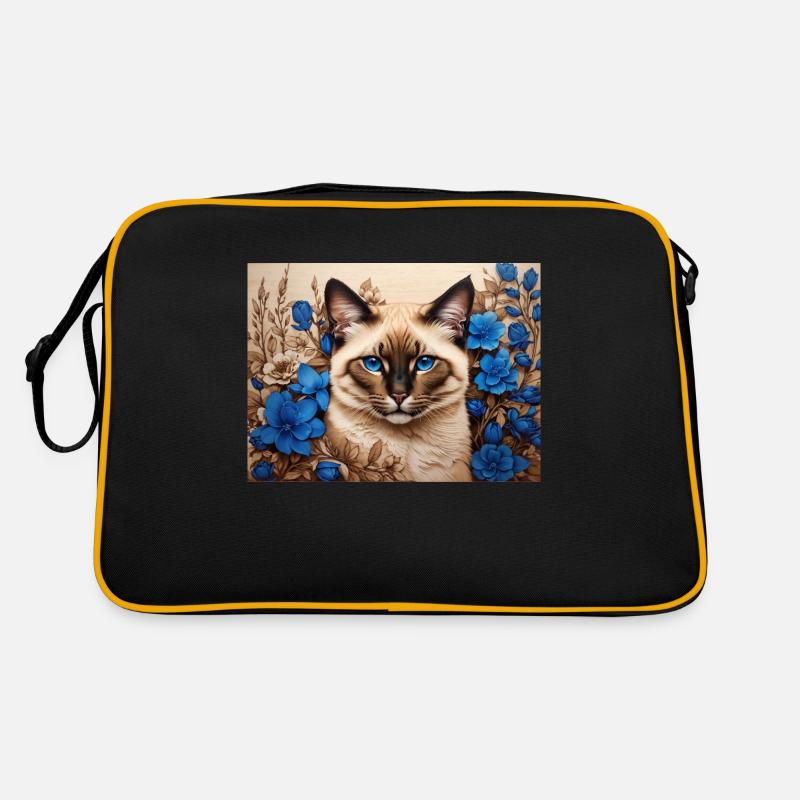 Katzenblaue Blumen - Retro Tasche - Schwarz/Gold