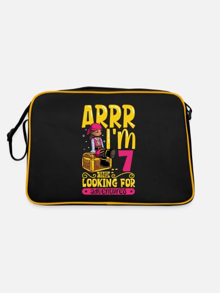 Ich bin 7 - Mädchen Pirat - Retro Tasche - Schwarz/Gold - Hinten