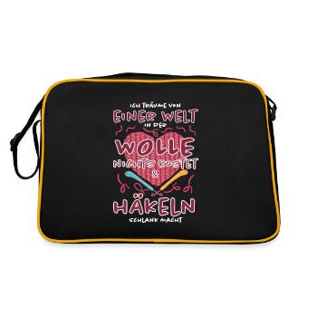 Wolle und Häkeln macht schlank, Häkel Geschenk - Retro Tasche - Schwarz/Gold - Hinten