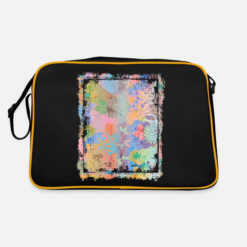 Japanisches Blumenmuster Chrysanthemenkirsche - Retro Tasche - Schwarz/Gold