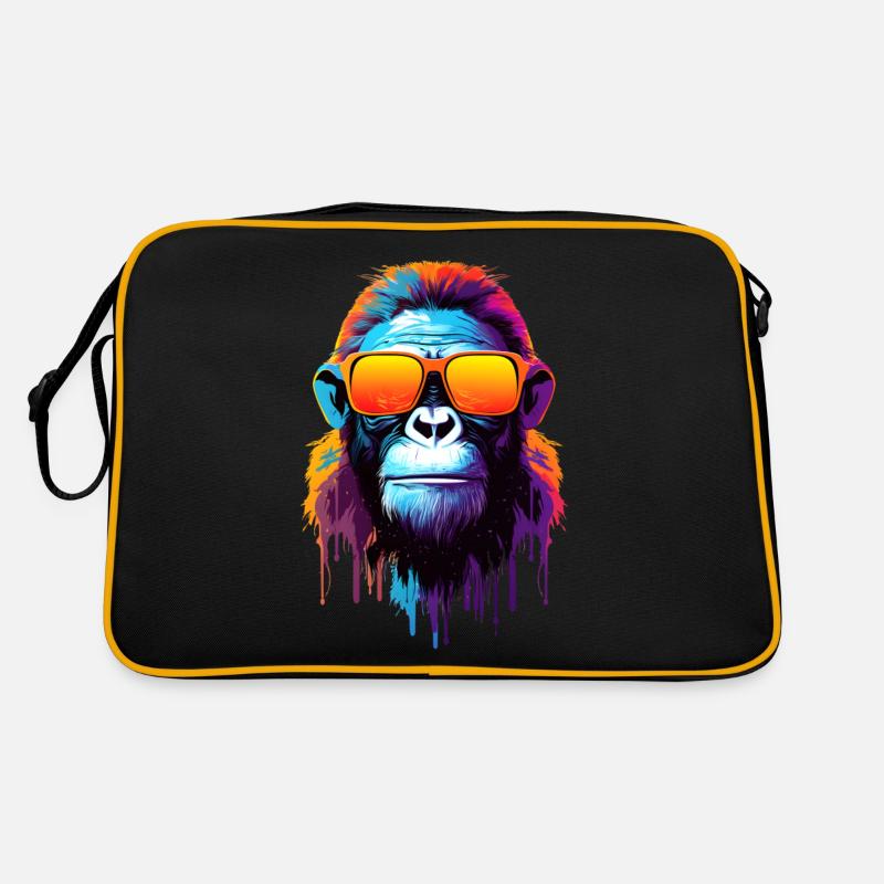 Farbenfroher Schimpanse mit Sonnenbrille - Retro Tasche - Schwarz/Gold