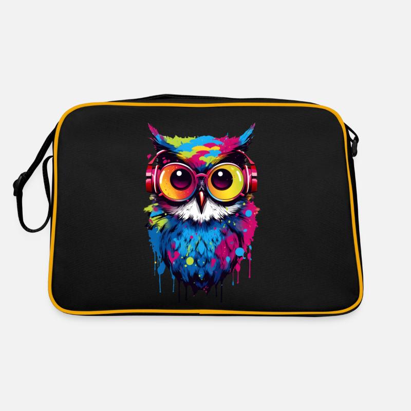 Bunte Eule mit Kopfhörer - Retro Tasche - Schwarz/Gold