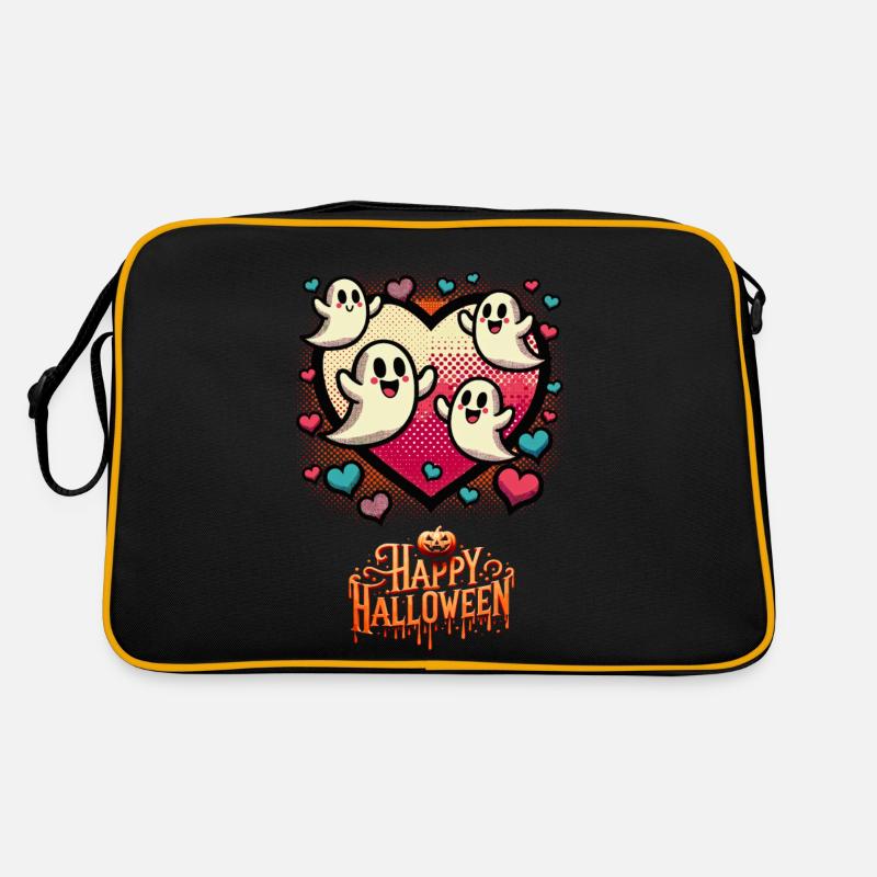 Retro Comic Chibi Ghost Heart Halloween T-Shirt - Retro Bag - black/gold