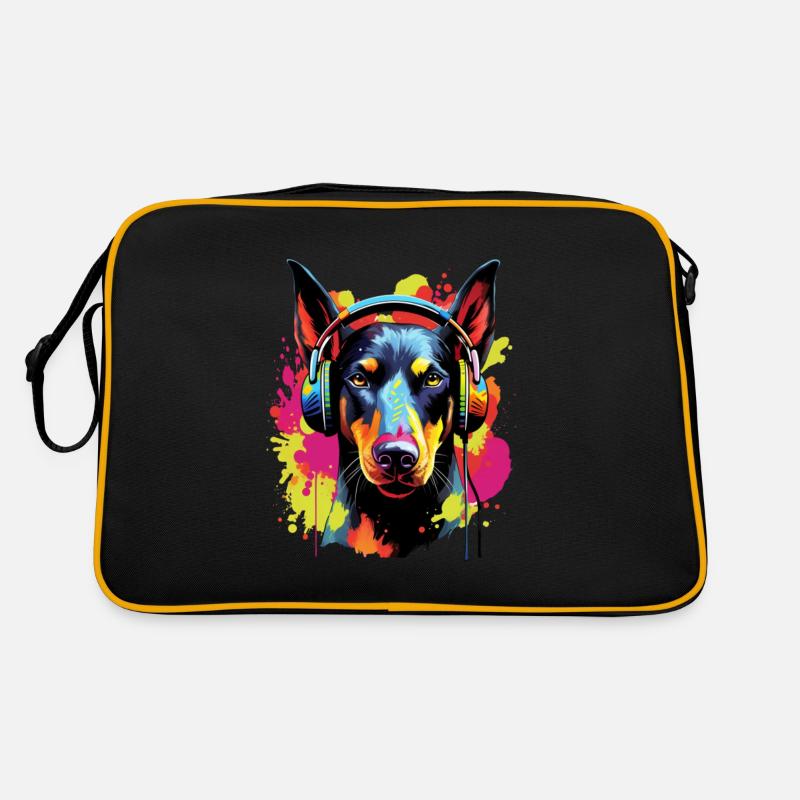 Bunter Dobermann mit Kopfhörer Retro Tasche