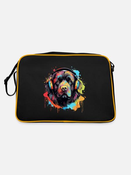 Chien Terre-Neuve avec des écouteurs éclaboussures de peinture - Sac Retro - noir/or - Dos