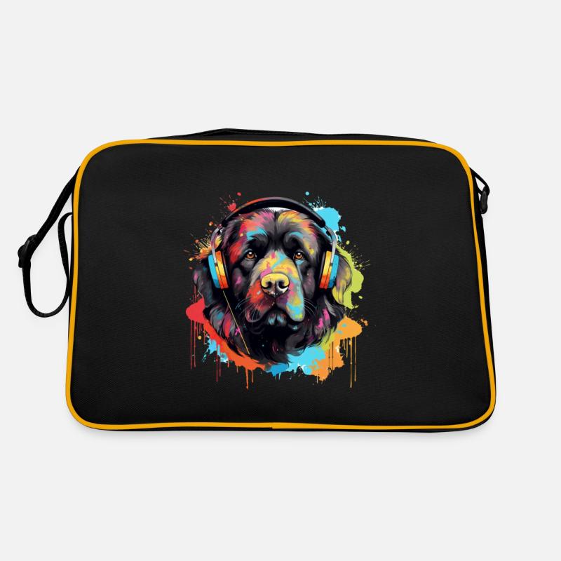 Chien Terre-Neuve avec des écouteurs éclaboussures de peinture Sac Retro
