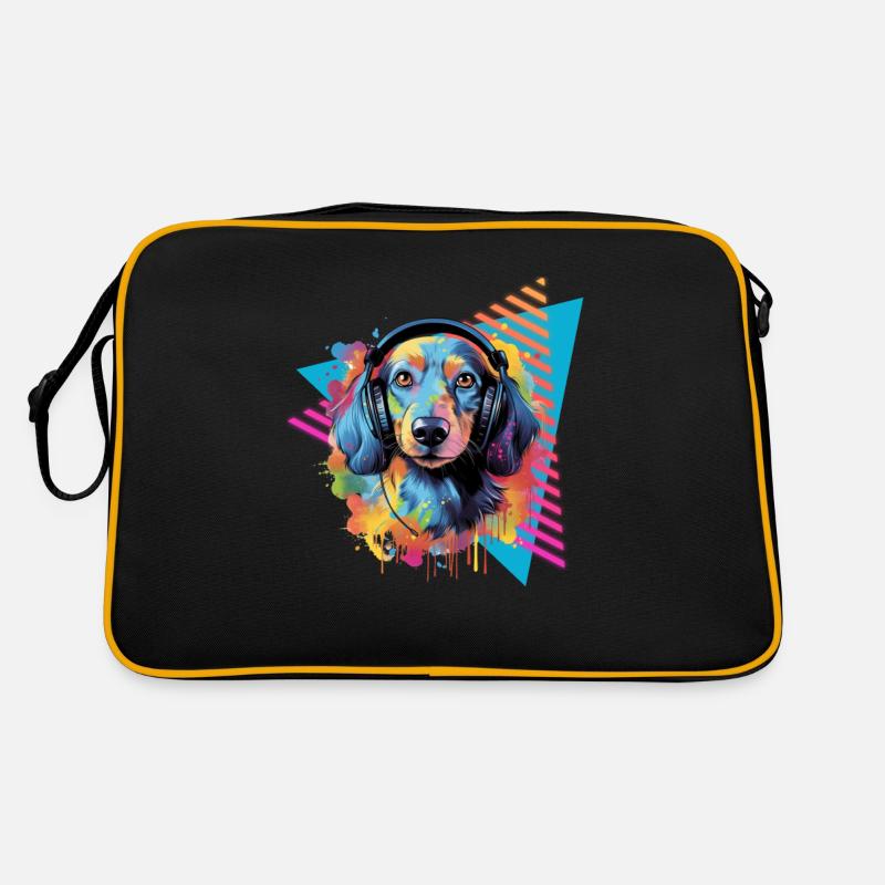 Bunter Dackel mit Kopfhörer Retro Tasche