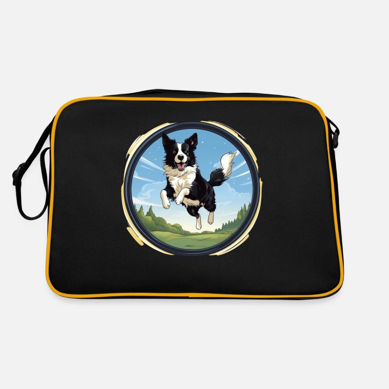 Fröhlicher Border Collie Hund - Retro Tasche - Schwarz/Gold