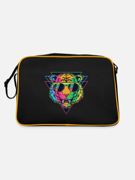 Bunter Tiger mit Brille - Retro Tasche - Schwarz/Gold - Hinten