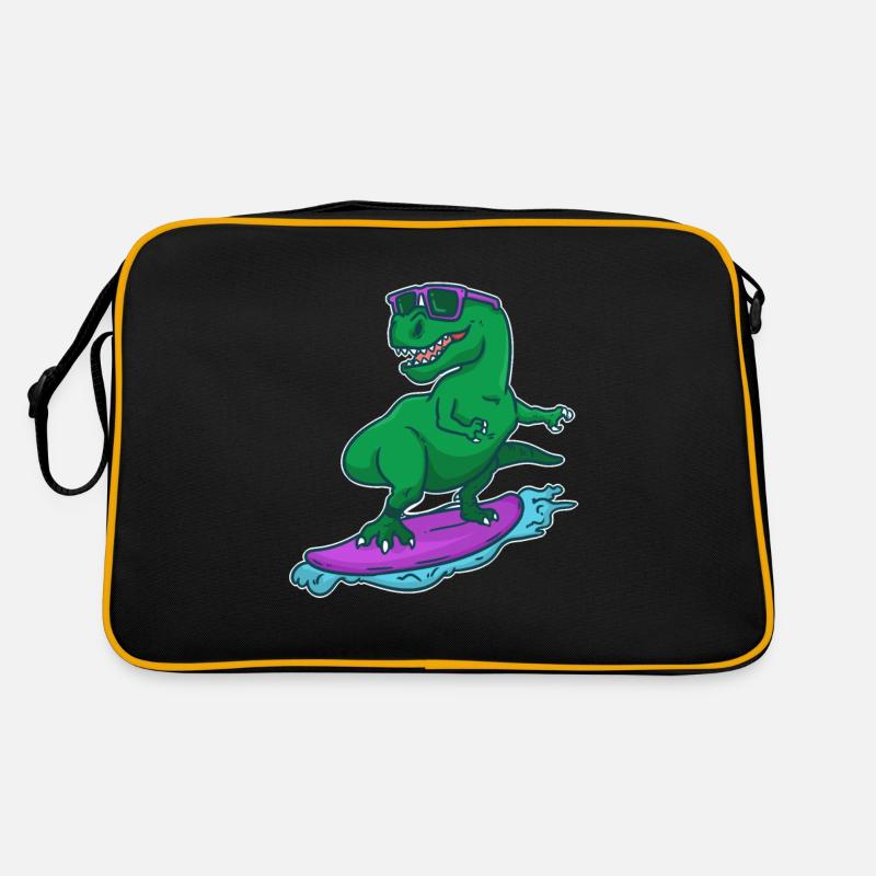 Surfer Dino T-Rex auf Surfbrett Surfer Geschenk - Retro Tasche - Schwarz/Gold