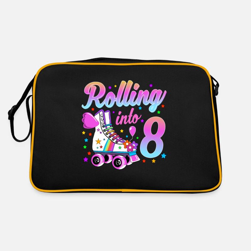 Kinder Geburtstagsshirt 8. Geburtstag Rollschuhe - Retro Tasche - Schwarz/Gold
