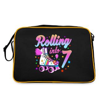 Kinder Geburtstagsshirt 7. Geburtstag Rollschuhe - Retro Tasche - Schwarz/Gold - Hinten