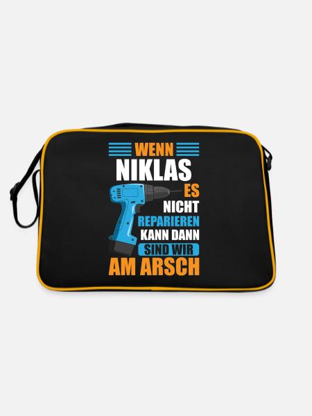 Niklas Vorname Name Geburtstag Reparieren - Retro Tasche - Schwarz/Gold - Hinten
