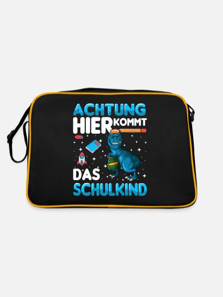 Achtung hier kommt das Schulkind Einschulung dino - Retro Tasche - Schwarz/Gold - Hinten
