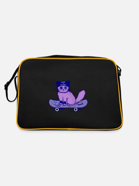 Skateboard Katze "Wear a Helmet" - Retro Tasche - Schwarz/Gold - Hinten