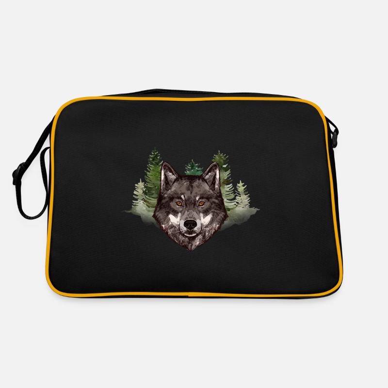 Wolf Grau Wald Wild Wildtier Kreatur - Retro Tasche - Schwarz/Gold
