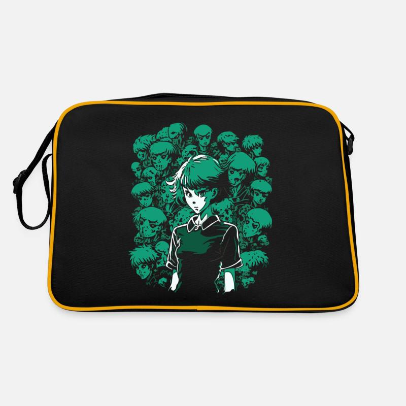 Totenkopf, Knochen und Cartoon-Mädchen - Retro Tasche - Schwarz/Gold