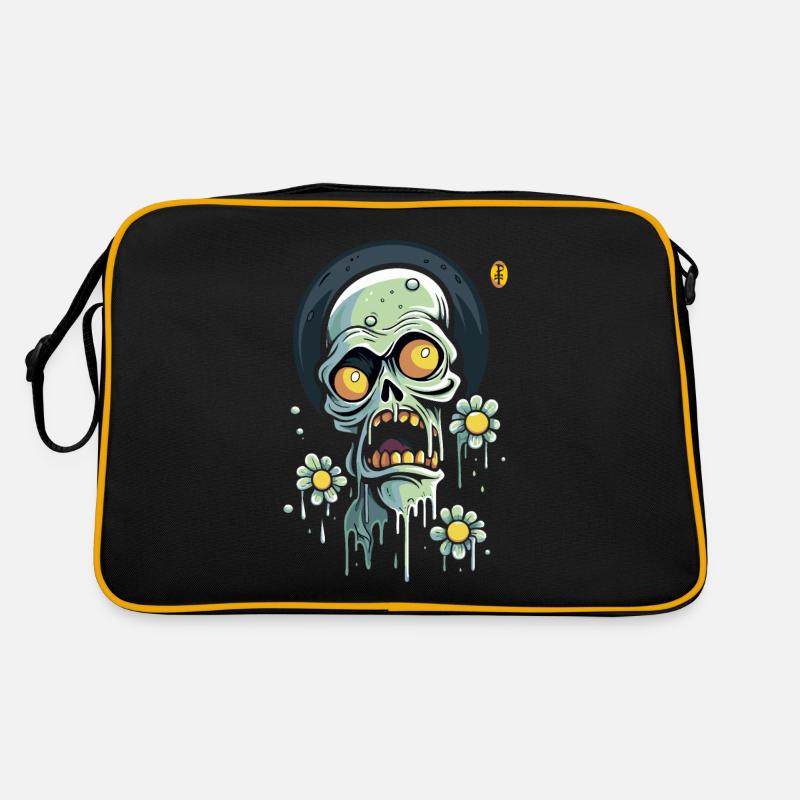 Blumen Power und ein erschrockener Schädel - Retro Tasche - Schwarz/Gold