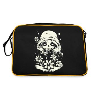 Liebenswerter Totenkopf und Gänseblümchen - Retro Tasche - Schwarz/Gold - Hinten