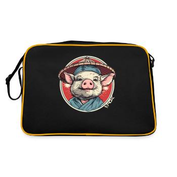 Paysan chinois avec chapeau de paille cochon de dessin animé - Sac Retro - noir/or - Dos