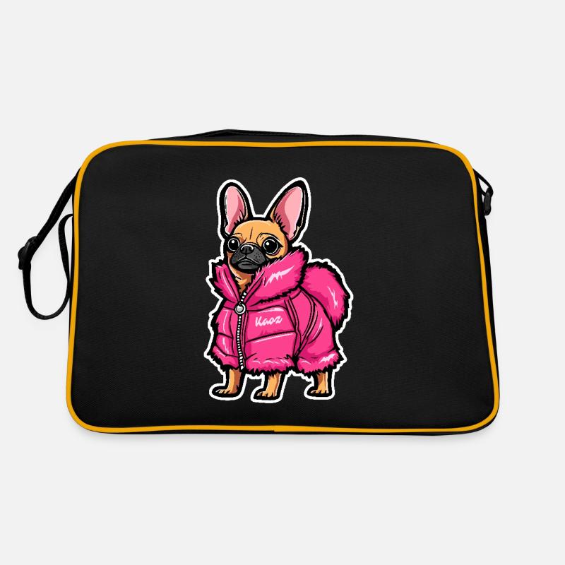Chihuahua mit modischer pinker Jacke Retro Tasche