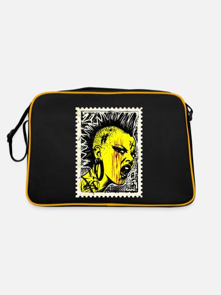 Wild punk woman with mohawk and anger on postage stamp - Retro Bag - black/gold - Back