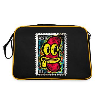 Freche Comic-Wurst mit Zunge auf Briefmarke - Retro Tasche - Schwarz/Gold - Hinten