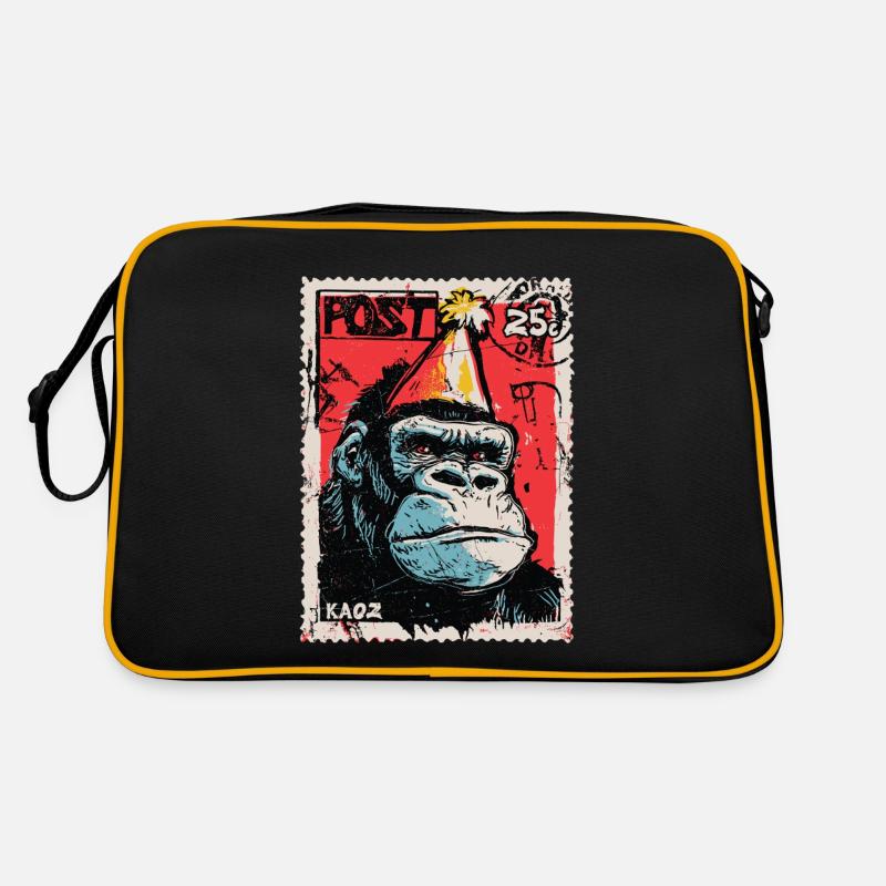 Gorilla mit Partyhut auf einer Briefmarke - Retro Tasche - Schwarz/Gold