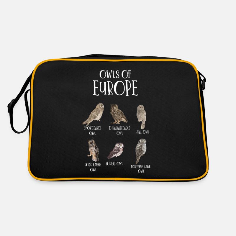 Eulenarten, Eulen & Kauze, Eule Fan - Retro Tasche - Schwarz/Gold
