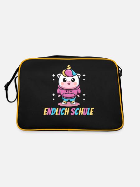 Einhorn, Endlich Schule, Einhörner - Retro Tasche - Schwarz/Gold - Hinten