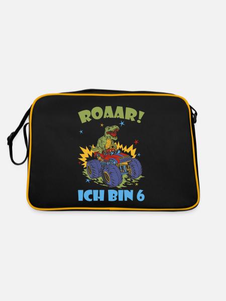 Dinosaurier Auf Monstertruck 6 Jähriger Geburtstag - Retro Tasche - Schwarz/Gold - Hinten