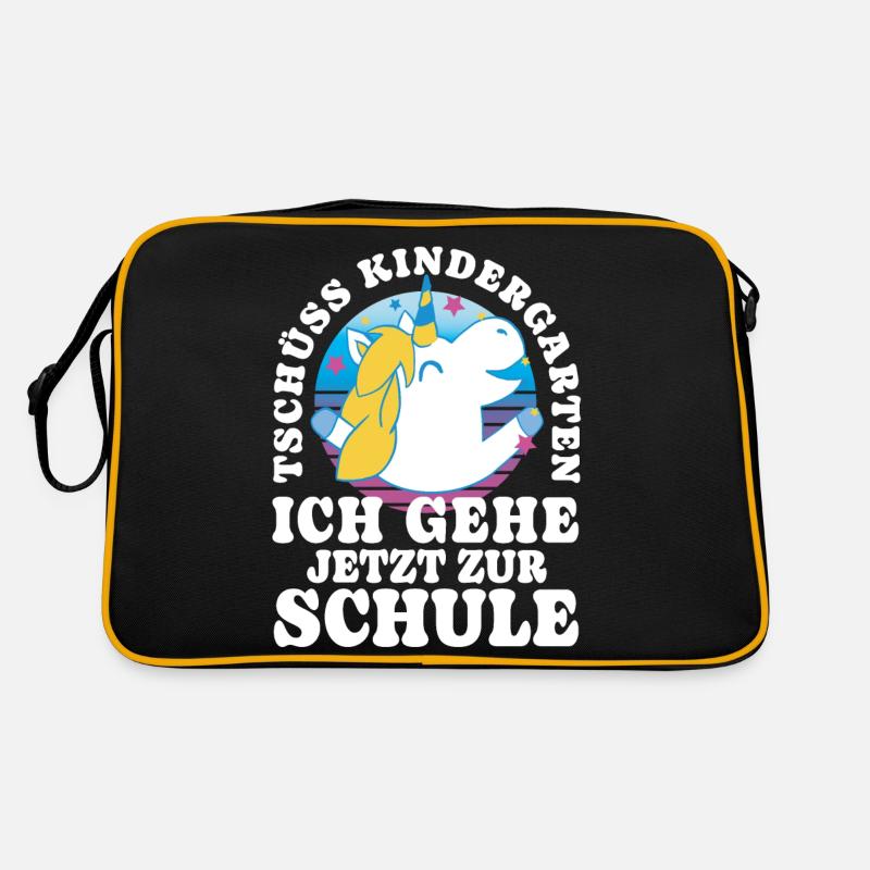 Einschulung Einhorn Tschüss Kindergarten - Retro Tasche - Schwarz/Gold