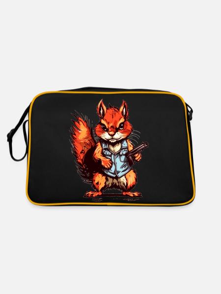 Eichhörnchen als bewaffneter Söldner - Retro Tasche - Schwarz/Gold - Hinten