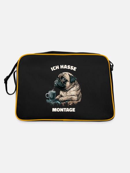 Ich hasse Montage! Mops Hund - Retro Tasche - Schwarz/Gold - Hinten