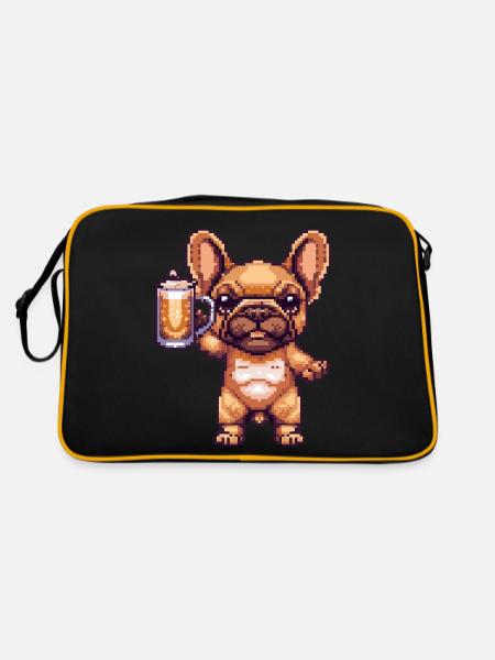 French Buldog Dogs Pixel Beer - Retro Bag - black/gold - Back