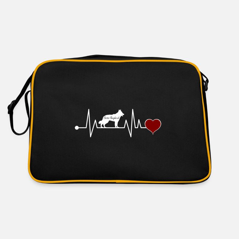 Weißer Schweizer Schäferhund Herzschlag - Retro Tasche - Schwarz/Gold