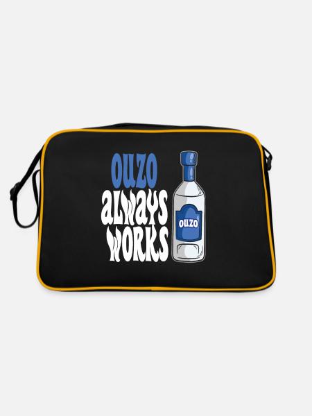 Ouzo arbeitet immer griechischer Anisgeist - Retro Tasche - Schwarz/Gold - Hinten