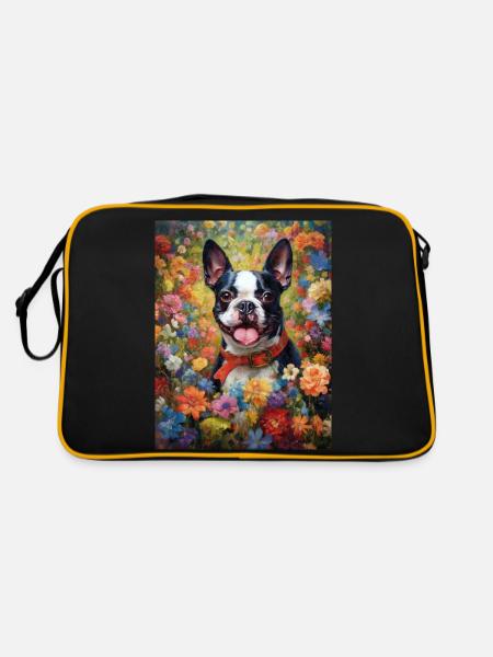 Boston Terrier Among Flowers as Painting Art - Retro Bag - black/gold - Back