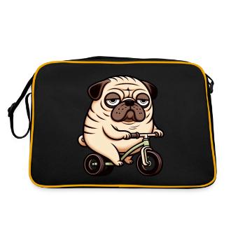 Lustiger Mops Hund auf Fahrrad Dreirad Laufrad - Retro Tasche - Schwarz/Gold - Hinten