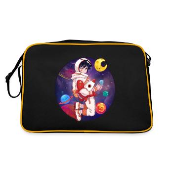 Kosmonautenjunge Chibi im Weltraum - Retro Tasche - Schwarz/Gold - Hinten