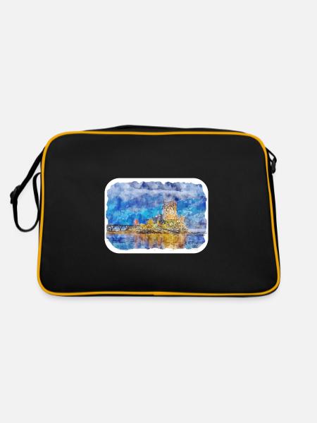 Schottland UK Aquarell Skizze Gemälde Illustratio - Retro Tasche - Schwarz/Gold - Hinten