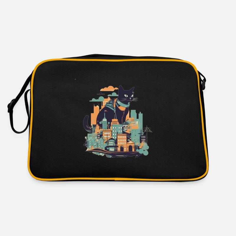 Schwarze Katze die vor einer bunten Stadt sitzt Retro Tasche
