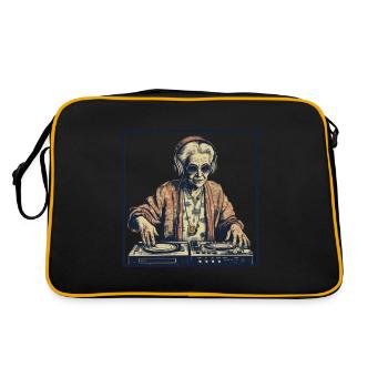 Coole Oma Frau als DJ Hipster mit Sonnenbrille - Retro Tasche - Schwarz/Gold - Hinten