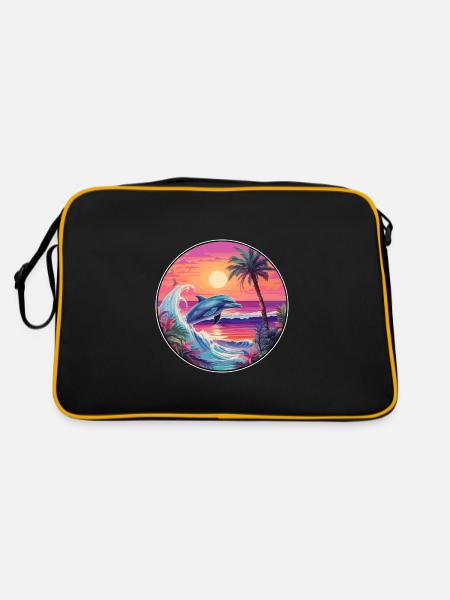 Dolphin Colorful Watercolor Cartoon Kawaii Animal - Retro Bag - black/gold - Back