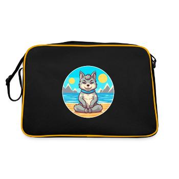 Wolf-Cartoon-Yoga-Strand-Sommer-Illustration - Retro Tasche - Schwarz/Gold - Hinten
