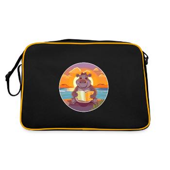 Nilpferd, niedlich, lustig, Cartoon, Kawaii, Buch, Strand - Retro Tasche - Schwarz/Gold - Hinten