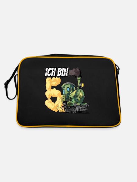 Ich bin 5 - 5. Geburtstag Zug Dampflok - Retro Tasche - Schwarz/Gold - Hinten