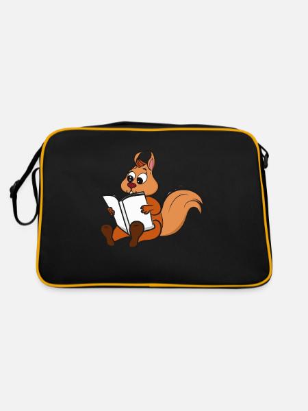 Eichhörnchen liest Buch Geschenkidee - Retro Tasche - Schwarz/Gold