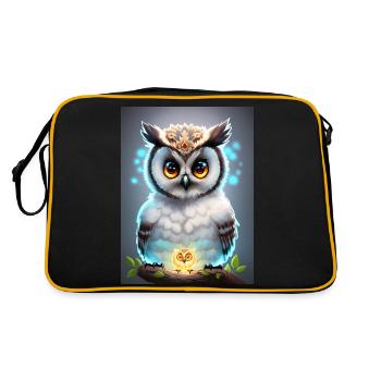Süße Eule mit leichtender neon Aura & großen Augen - Retro Tasche - Schwarz/Gold - Hinten